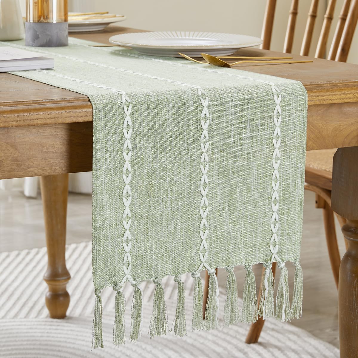 Wracra Cotton Linen Table Runner Farmhouse Style Desert Sage Table Runner 150cm with Hand-tassels for Party, Dining Room Decorations Dessert Table Decor(Desert Sage, 150cm) — image 1