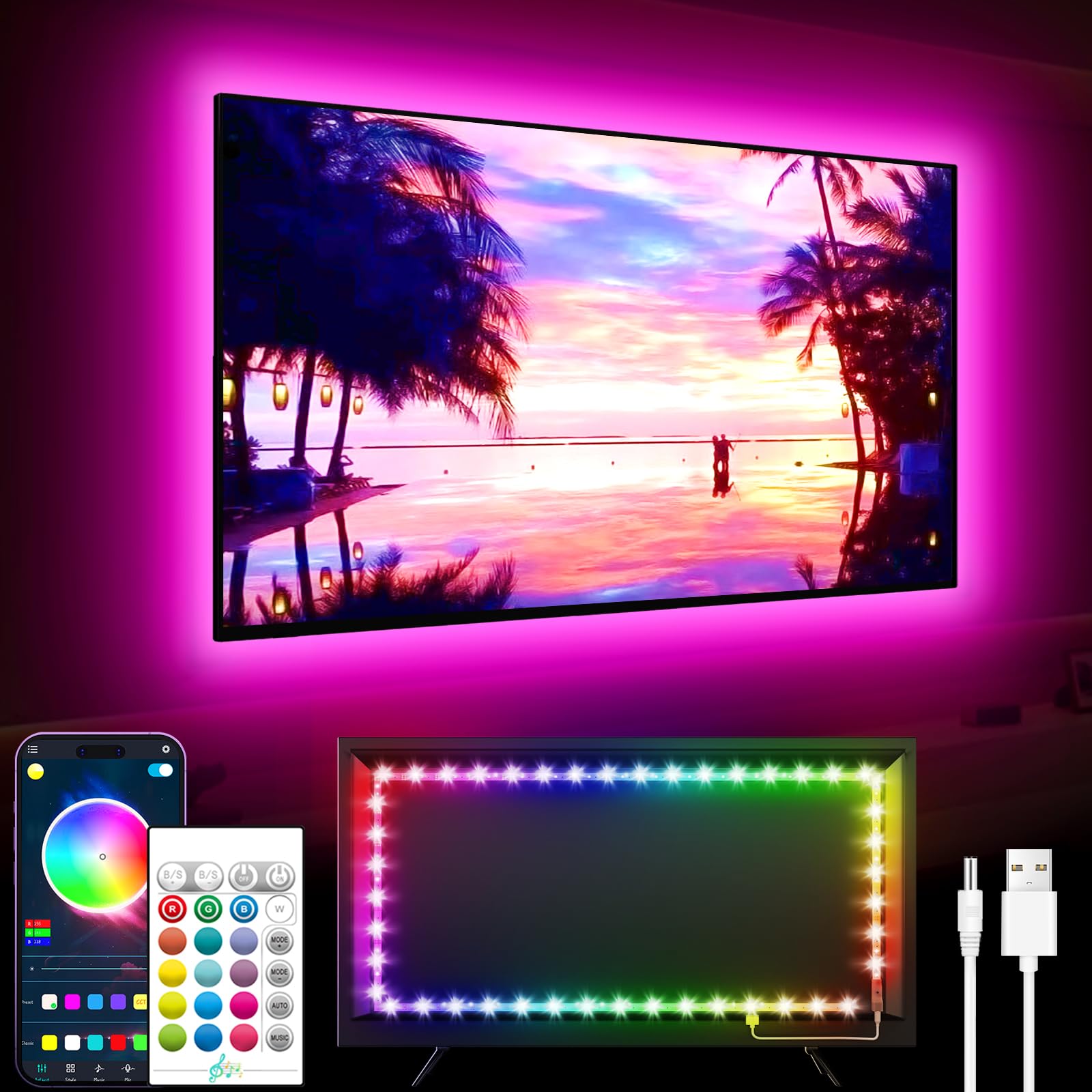 GIPOYENT TV Light Strip, Music Sync LED 3M TV Backlight, 9.8ft RGB Color Changing Light Strip for Home Theater — image 1