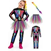 PARTY TELLER 3PCS Kids Skeleton Costume, Halloween Costumes for Girls | Skeleton jumpsuit with rainbow braids and tutu skirts girls day of the dead role play outfits