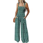 Happy Sailed Jumpsuits for Women Summer Casual Floral Print Sleeveless Jumpsuit High Waist Wide Leg Pant Rompers with Pockets