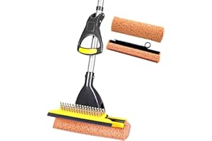 Yocada Sponge Mop Home Commercial Use Tile Floor Bathroom Garage Cleaning Total 2 Sponge Heads NOT 3 Telescopic Handle Squeegee from 42.5 to 52 Inches Easily Dry Wringing only 2 Heads