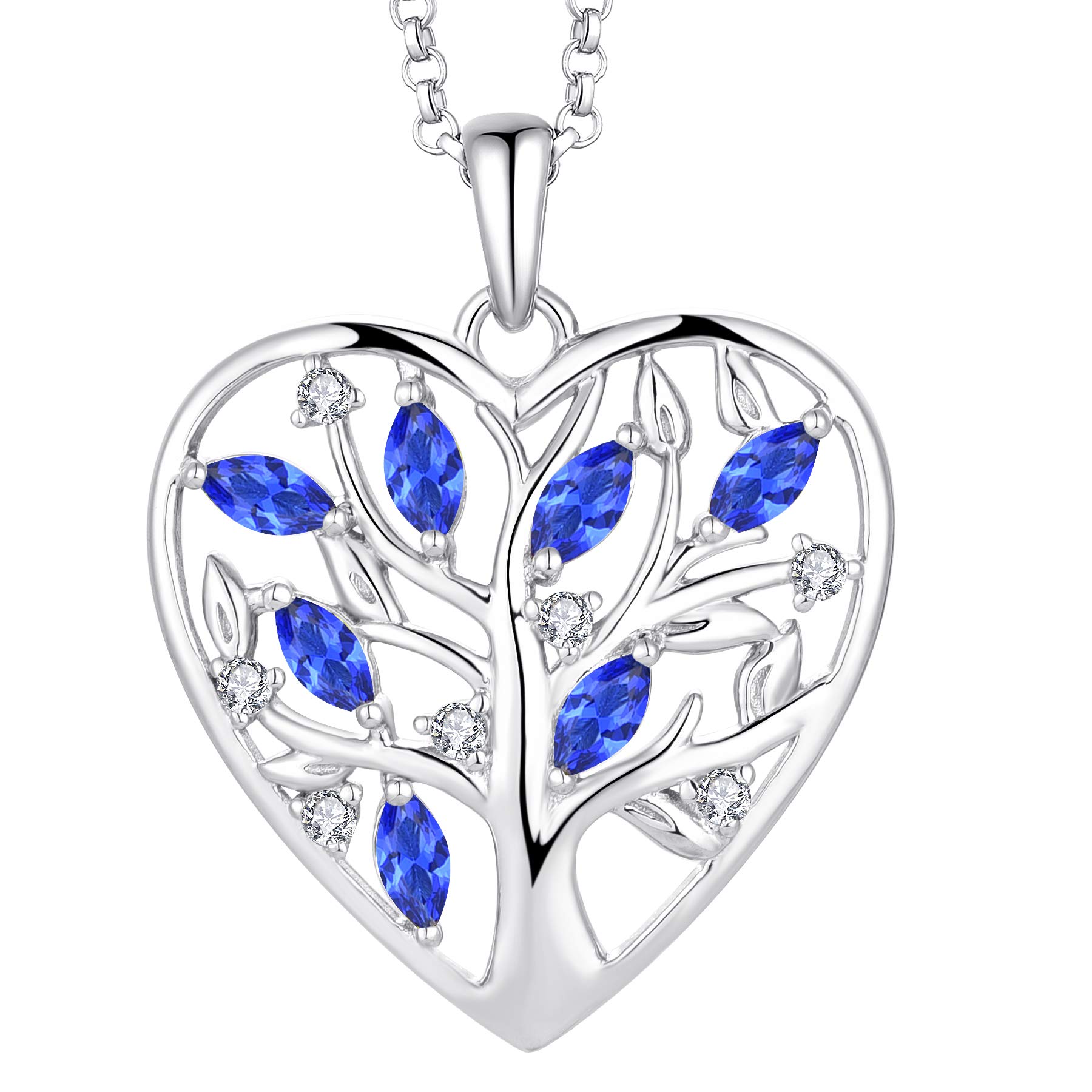 JO WISDOM Women Heart Necklace,925 Sterling Silver Tree of Life Pendant Necklace with 3A Cubic Zirconia September Birthstone Sapphire Color Jewelry for Women — image 1