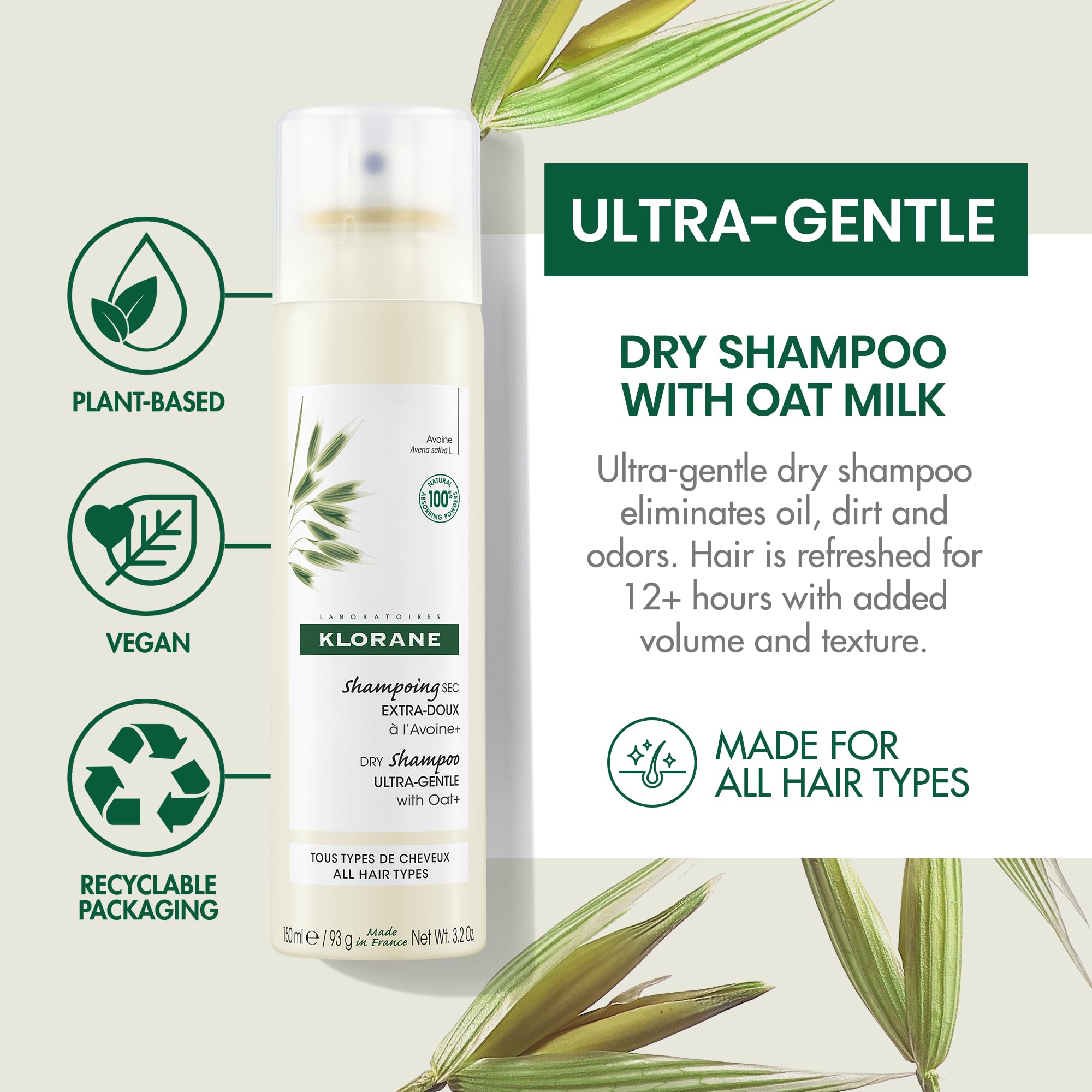 Klorane Ultra Gentle Dry Shampoo with Oat+ - Gentle Formula - Instantly Revives Hair and Eliminates Odor, Dirt, and Oils - Hypoallergenic & Vegan - Paraben & Sulfate-Free