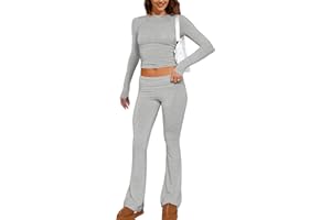 MISSACTIVER Women's Two Piece Outfit Basic Long Sleeve Crop Top and Low Rise Flare Pants Set Lounge 2 Piece Yoga Tracksuit