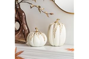 DN DECONATION Fall Pumpkin Decor, 2 PCS Resin Thanksgiving Fake Pumpkin Figurines, White Pumpkins for Decorating with Carved Gold Leaves for Home, Farmhouse, Harvest Autumn Table Centerpiece