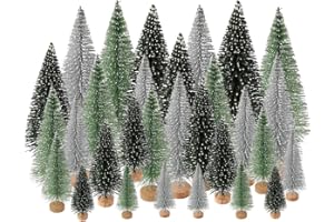 Yahpetes Christmas Trees 30 Pcs Artificial Christmas Trees Bottle Brush Trees with 5 Sizes, Sisal Snow Trees with Wooden Base for Miniature Scenes, Christmas Crafting and Designing (Green,Sliver)