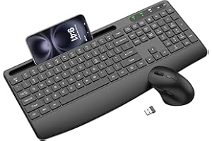 Wireless Keyboard and Mouse Combo, 2.4G Full Size Silent Ergonomic Keyboard with Wrist Rest, Phone Holder, 3 DPI Adjustable E