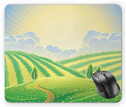 Amazon 自然の丘と日の出道路フィールド田舎の漫画イラスト シダ緑と多色のマウスパッド Abkola マウスパッド 通販
