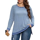 VISLILY Womens-Plus-Size-Sweatshirts Trendy Striped Color Block Tops Casual Raglan Long Sleeve Shirts Side Split Hem Tunics