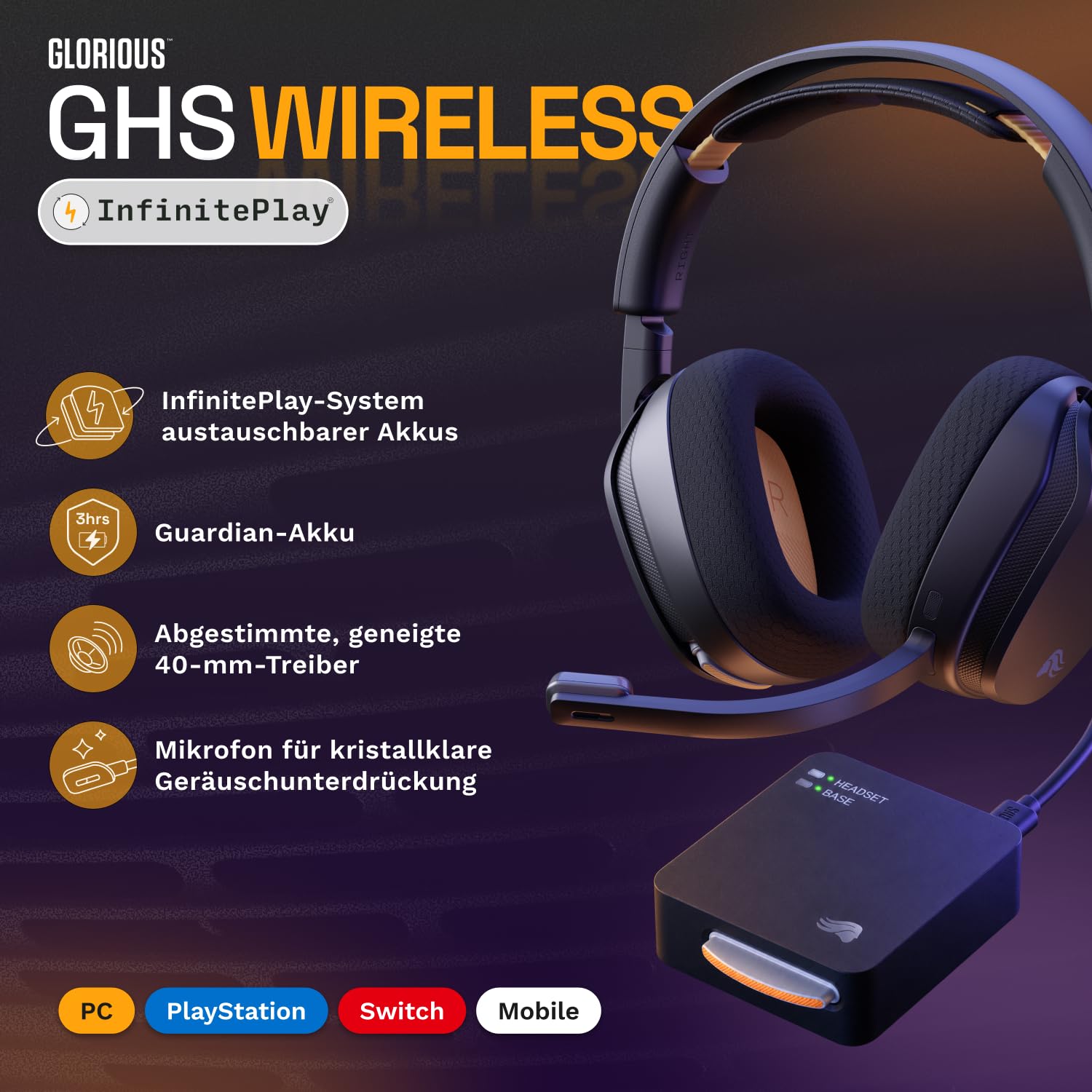 Glorious GHS Wireless InfinitePlay - Gaming Headset, PC, PS5, PS4 - Schwarz 2
