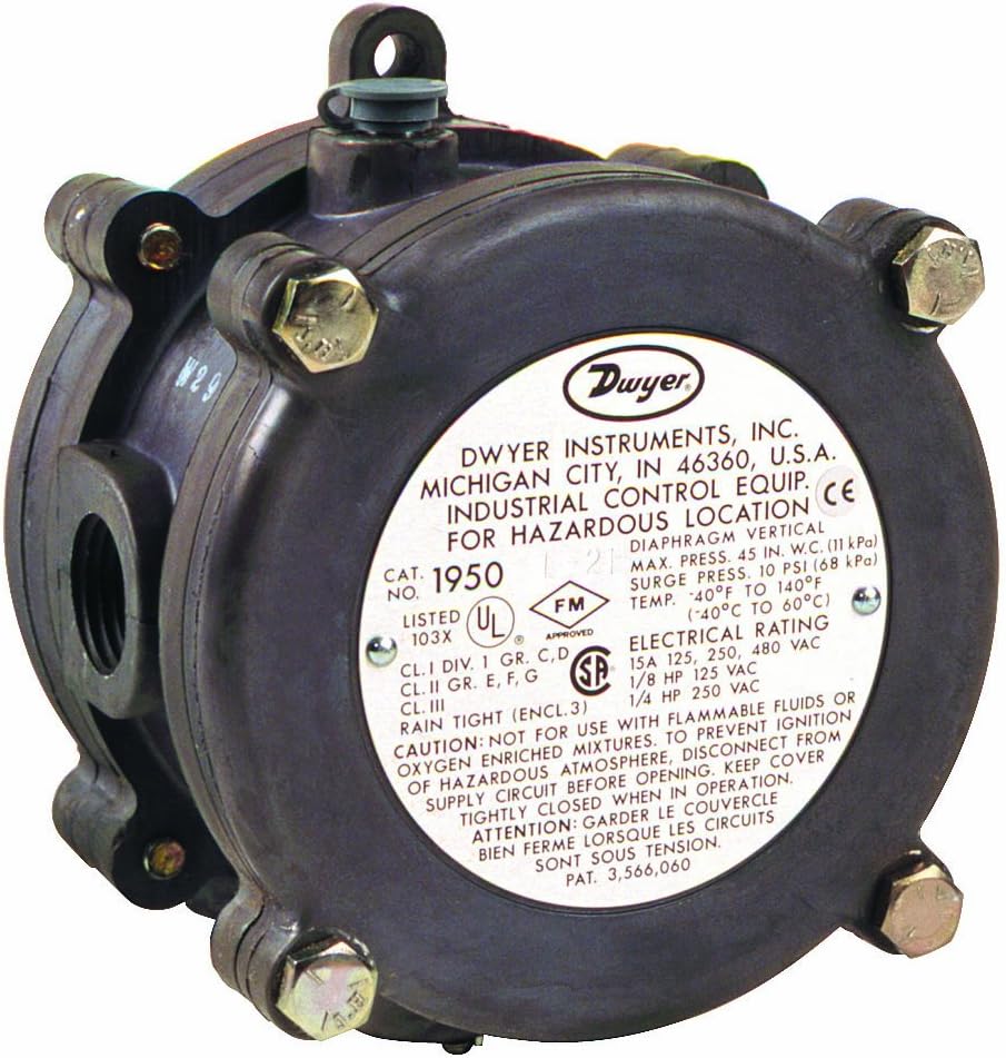 Dwyer Series 1950P Explosion-Proof Differential Pressure Switch, Range 0.5-2.0 psid, 10G Mica Silver Contact Micro Switch, Fluorosilicone Diaphragm