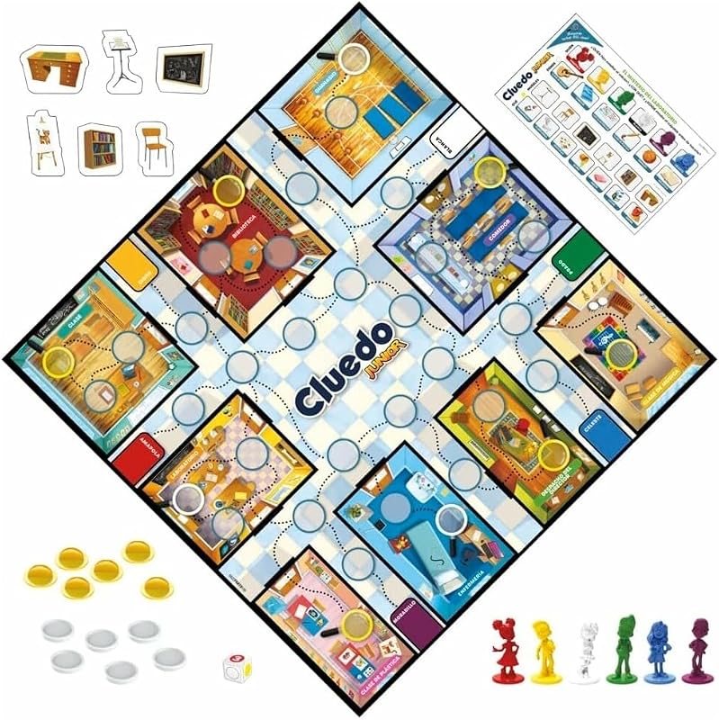 Cluedo Junior, Juego de Mesa 2 en 1, Diversión con Amigos y Familia, Regalo para Niños y Niñas a Partir de 4 Años, Juguete de Detectives, Tablero de Colegio