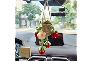 96CRVFT Cute Crochet Daisy Strawberry Hanging Plant for Car Accessories, Aesthetic Decor Rear View Mirror Hanging Ornament for Women and Men, Handmade Cute Car Interior Decor Accessories Gift