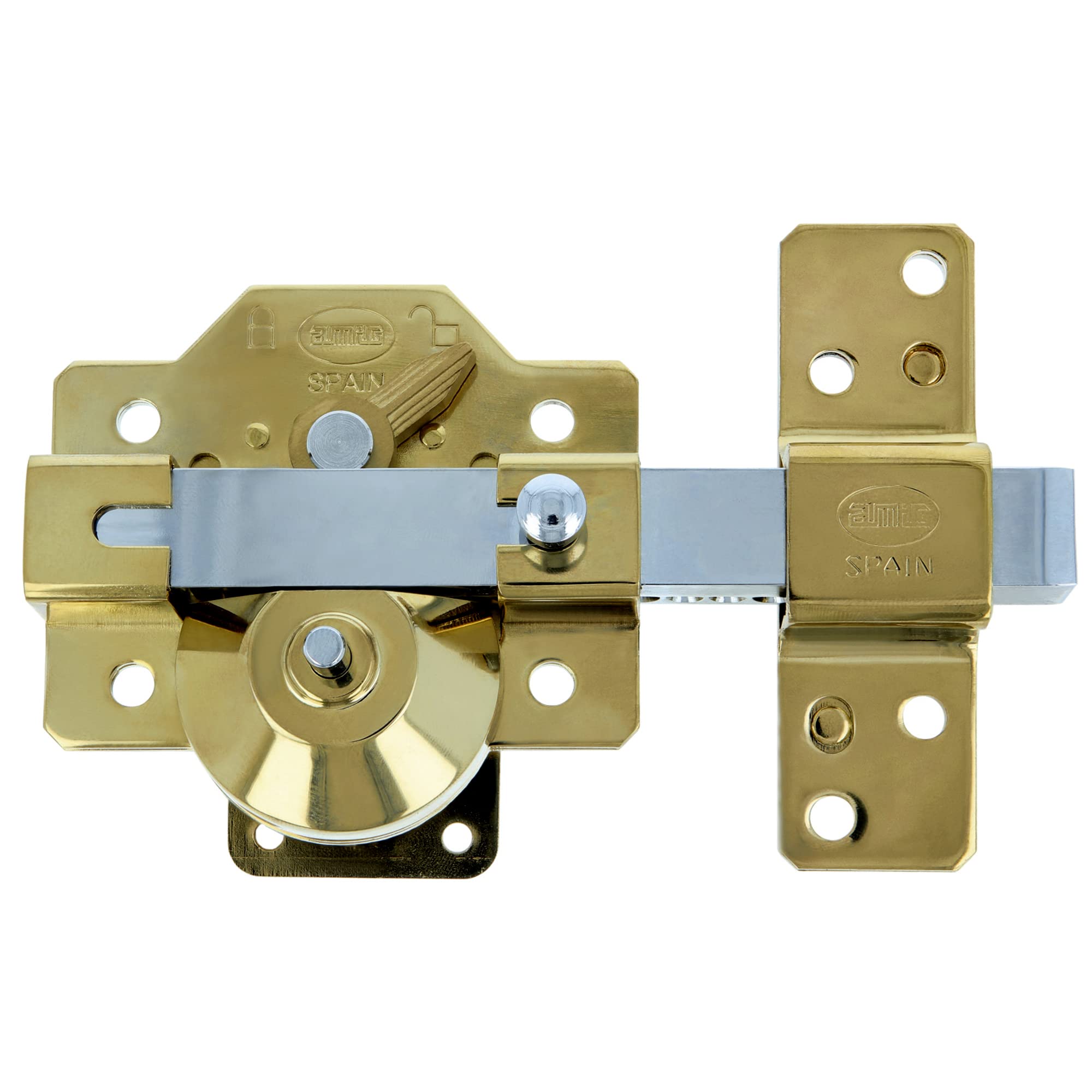 Amig - Steel Overlay Lock for Doors with Opening Latch and Lock Lever - 90 x 154 mm, Cylinder 50 mm - Gold Colour - High Security Anti-Bump · Anti-Pick · Anti-Drill