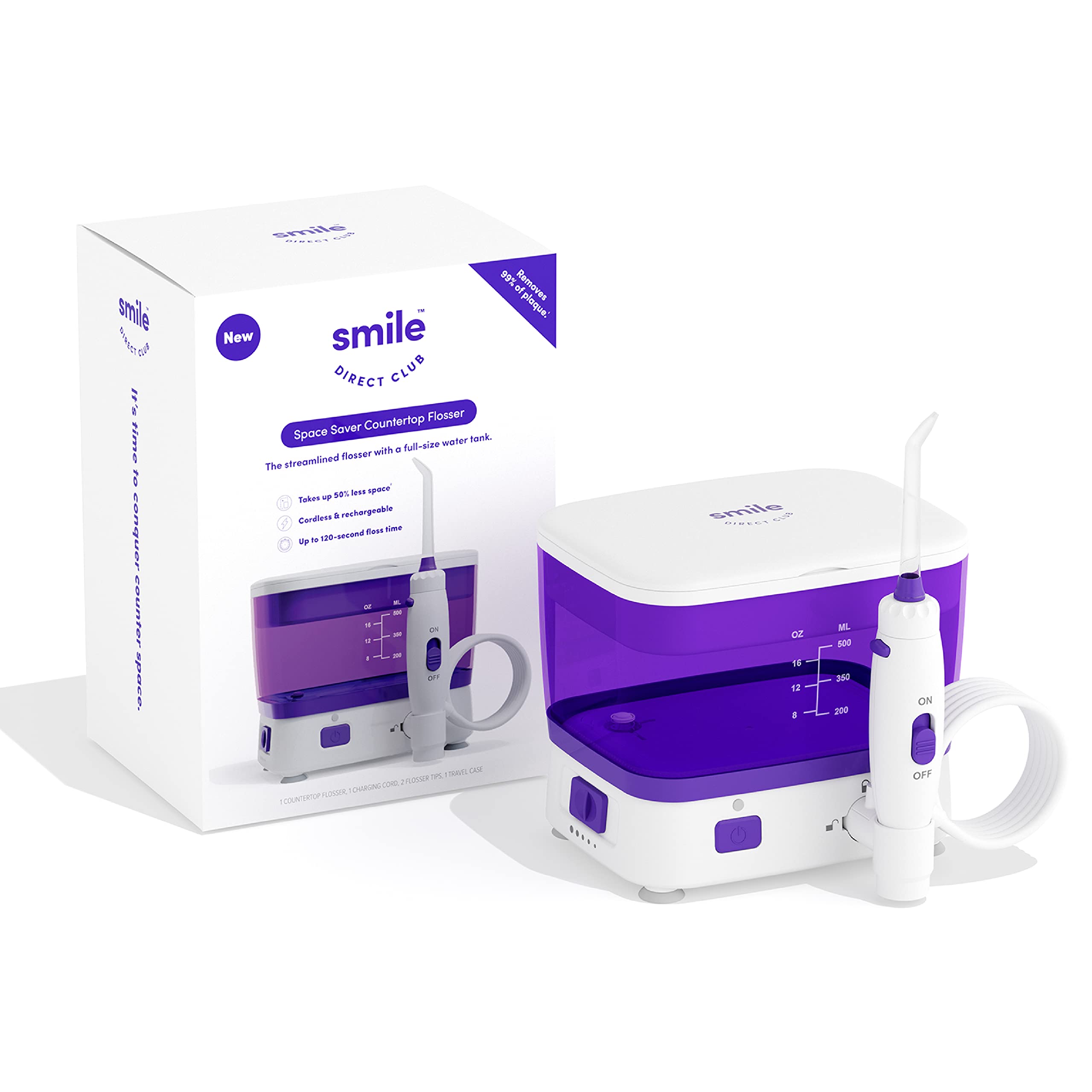 Photo 1 of SmileDirectClub Space Saver Countertop Water Flosser – Large Capacity Water Reservoir, 120 Seconds of Flossing Time, Cordless, Rechargeable, Oral Irrigator with 5 Modes, Travel Case and 2 Flosser Tips