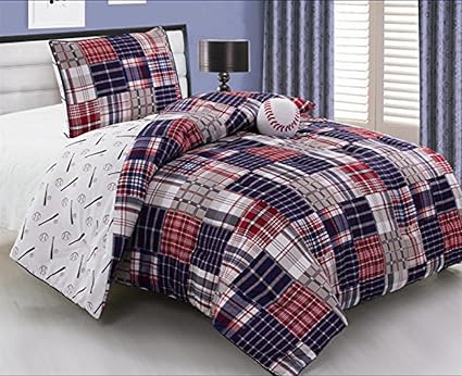 Amazon Com 3 Piece Baseball Sports Theme Plaid Red White And
