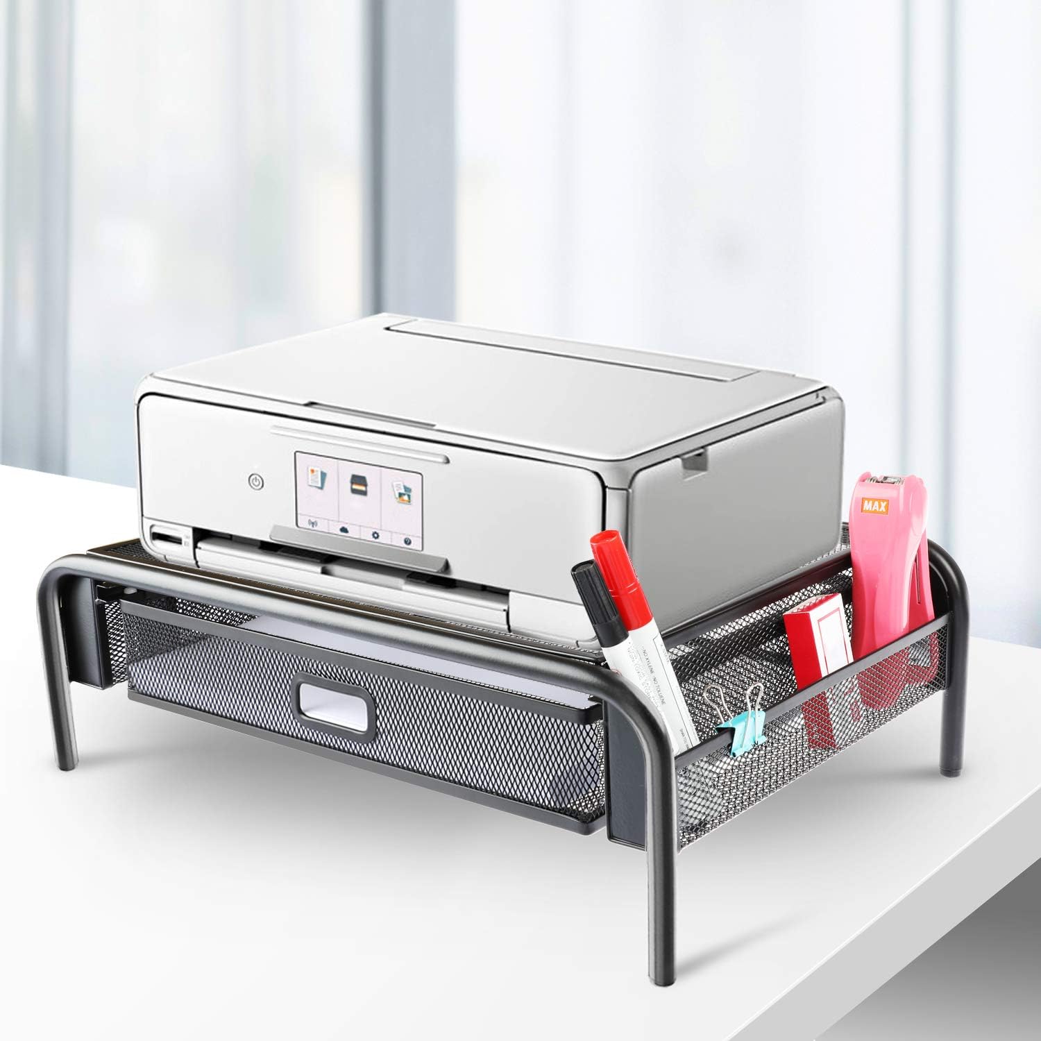 Monitor Stand Riser, Mesh Metal Printer Stand Holder with Pull Out Storage Drawer and Side Compartments Pockets for Computer, Laptop, iMac, Desk, Pens, Phones, Calculators by HUANUO : Office Products