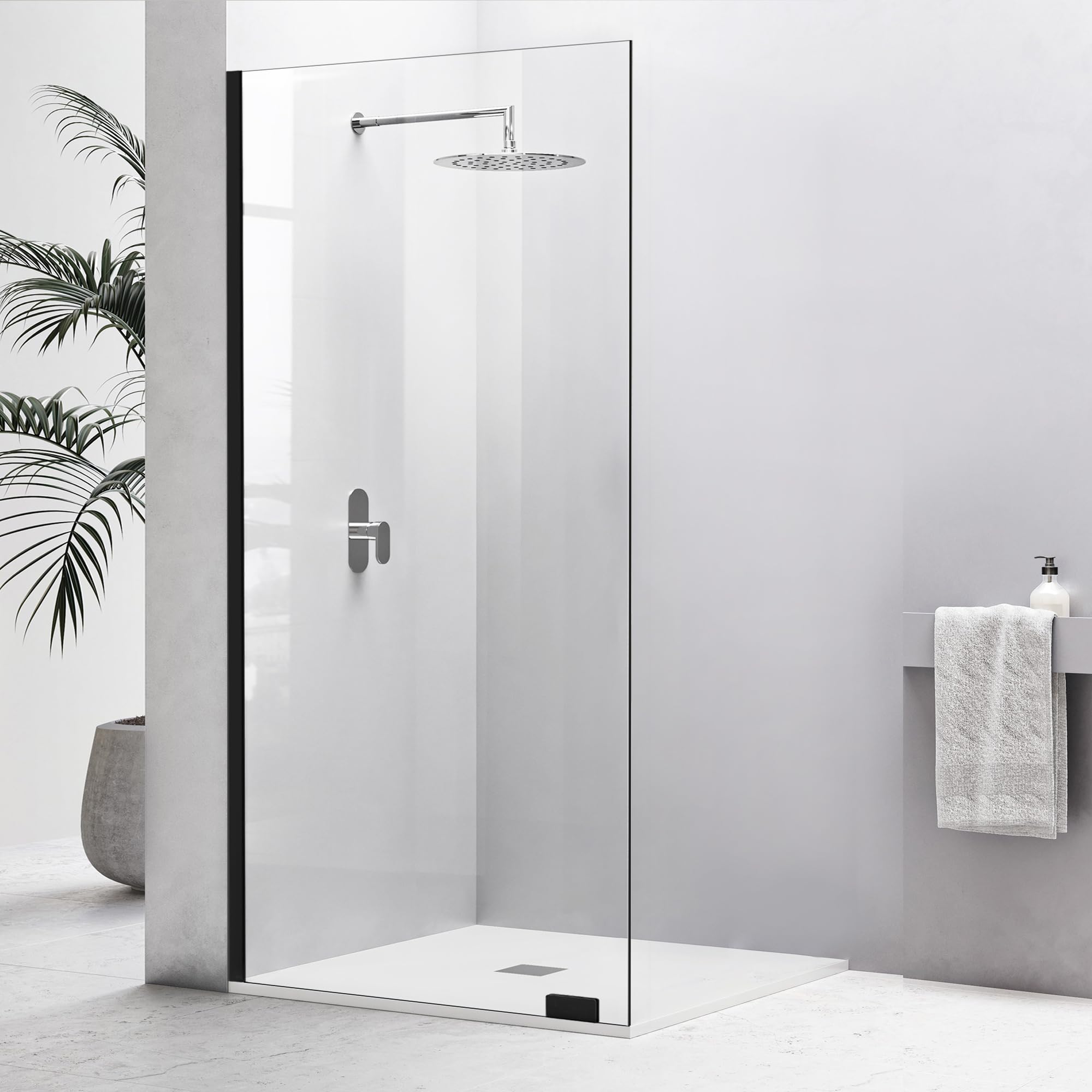 Photo 1 of 48"×74" Fixed Glass Shower Panel, Bathroom Shower Doors 5/16"(8mm) Thick Clear Tempered Glass Panel, Matte Black Frameless Shower Door