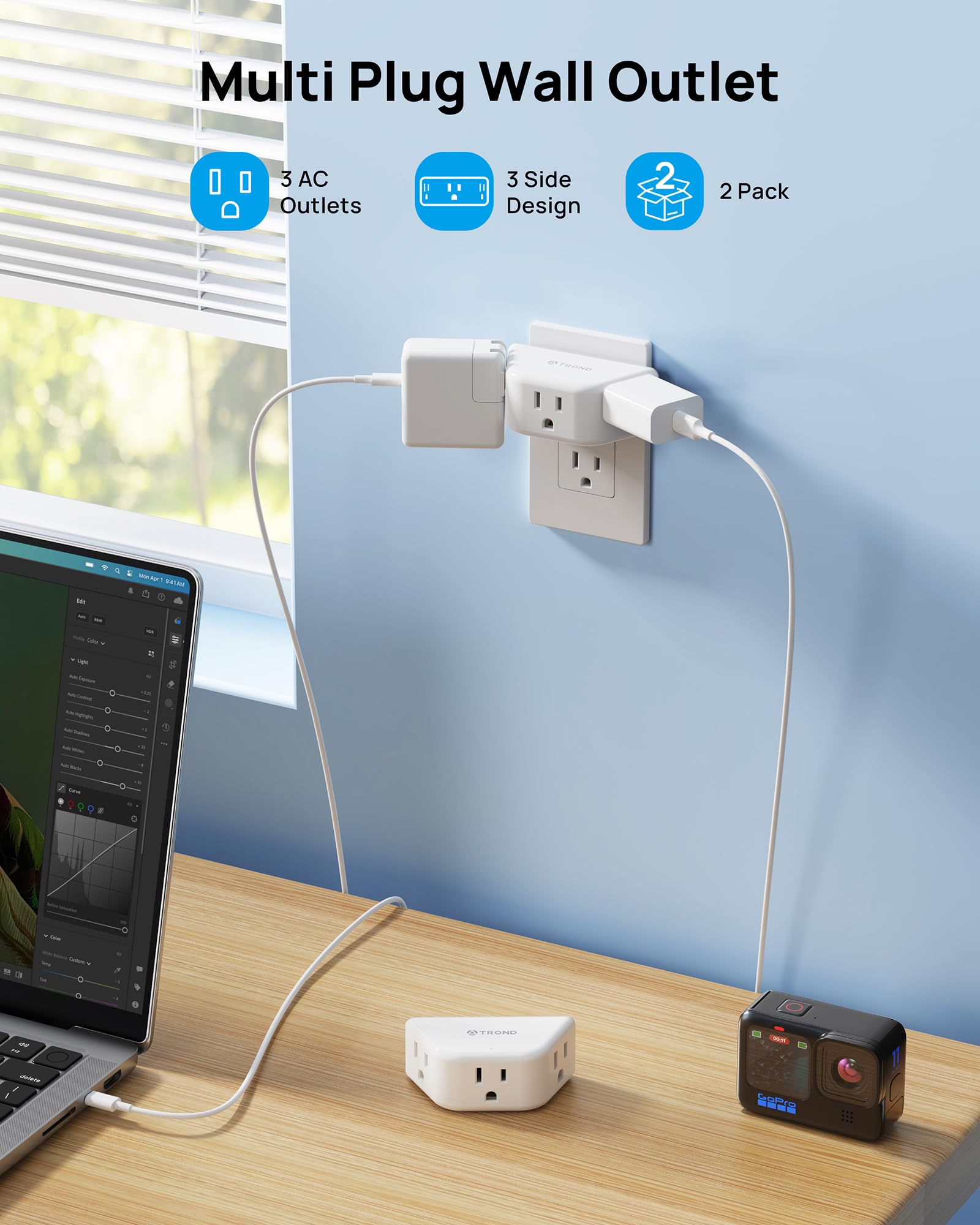 TROND Multi Plug Outlet Extender 2 Pack - Electrical Wall Splitter, 3 Way Angled Wall Outlet Adapter, Cruise Essentials, Small Multiple Plug Expander for Cruise Ship Home Office Dorm Room, White