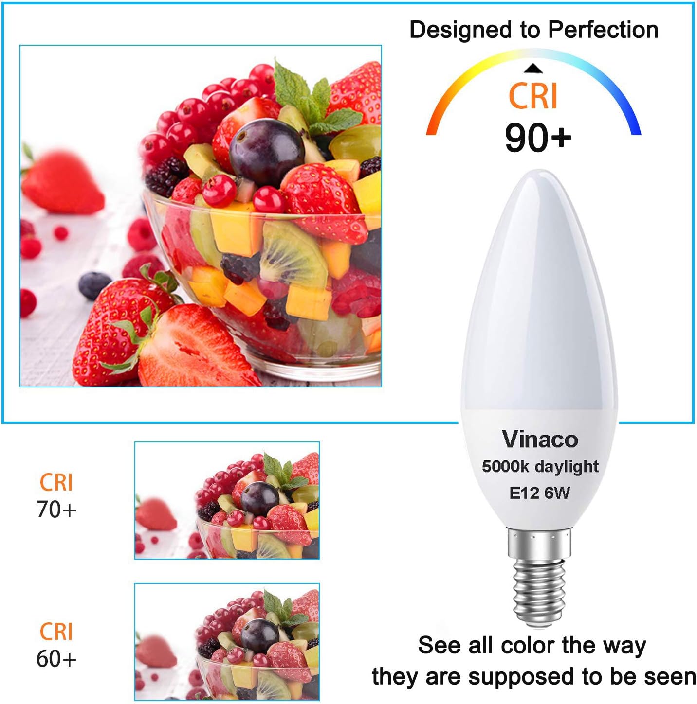 Vinaco Candelabra LED Bulbs Daylight, High Brightness 600LM and CRI90 E12 LED Bulb 6W (60W Equivalent) E12 Candelabra Base for Ceiling Fan Light Bulbs, LED Chandelier Light Bulbs, Pack of 6 - - 