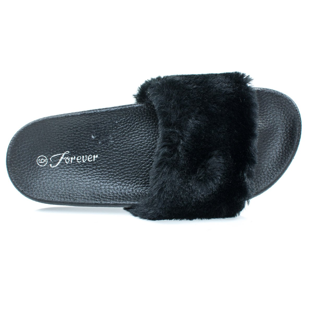 Izzy19FBA- Black Fluffy Furry Faux Fur Single Band Slide, Slipper Sandal w Footbed Folding -10 - Image 3