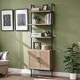 OAKHAM HOME 5 Tier Book Shelf, 73" Tall Bookshelf with Storage, Modern Bookcase with Shelves, Wall Mount Ladder Shelf with Steel Frame, Bookshelves with Rattan Cabinet for Living Room (Weathered Oak)