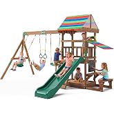 Wooden Swing Sets for Backyard, 13.7FT Playground Sets for Outdoor | Playset Outdoor Backyard for 3-10, with Wavy Slide, 3 Swings, Rock Wall Ladder, SandBox, Picnic Table