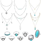 CHENGU 14 Pcs Western Jewelry for Women Boho Turquoise Necklace Rings Jewelry Set Bohemian Joint Knuckle Rings Set for Women (Classic Style)