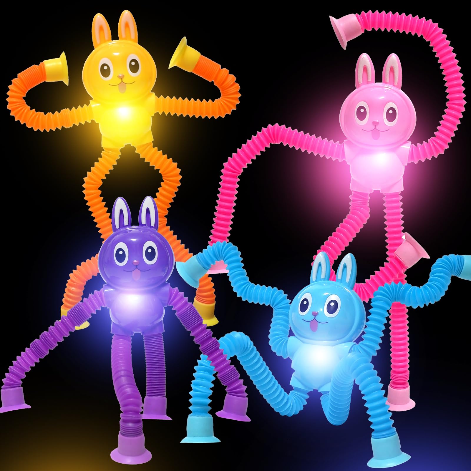 Easter Bunny LED Pop Tubes Light Up 4 Pcs Sensory Fidget Toys, Telescopic Suction Cup Easter Basket Stuffers Easter Egg Fillers Toys Party Favors Game Prizes Goody Bags Treats Gifts for Kids 3+