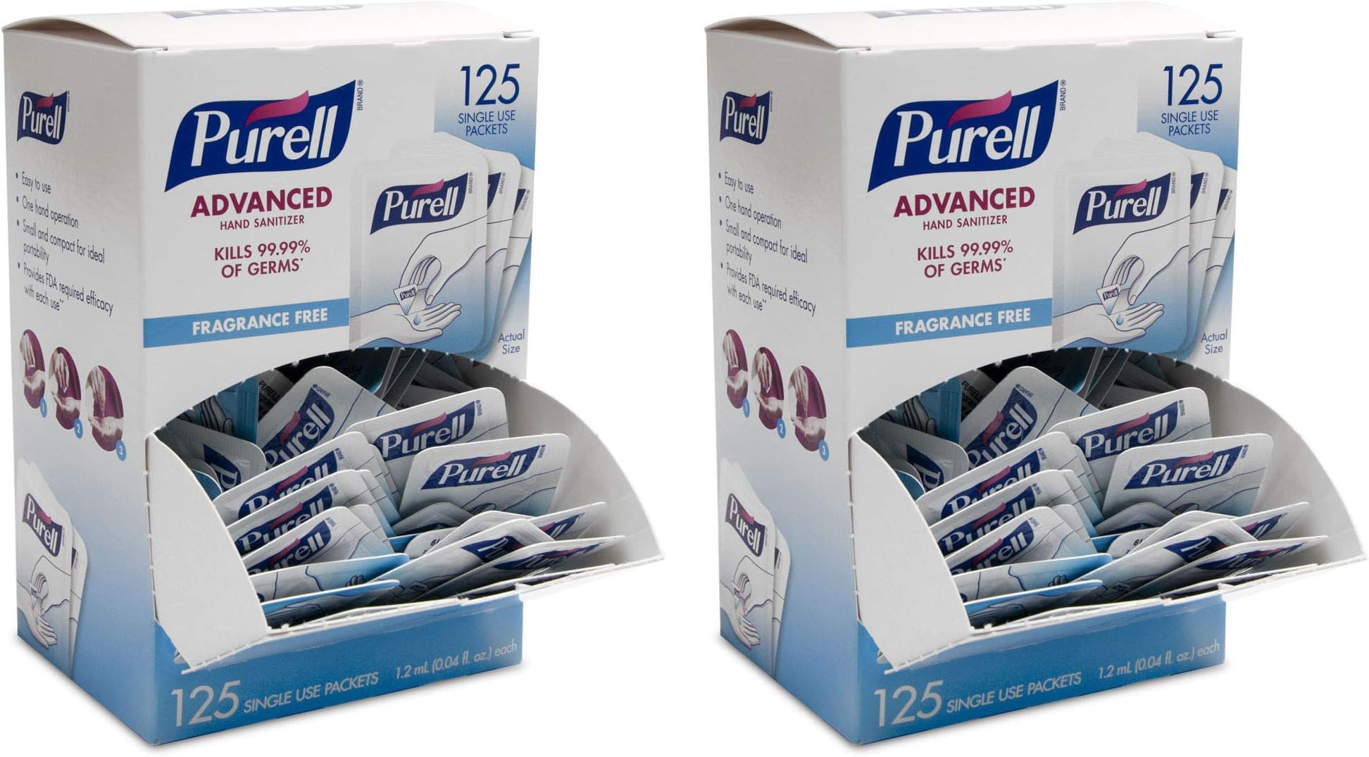 NBDJHHJH Advanced Hand Sanitizer Singles - Travel Size Single Use Individual Portable Packets, 125 Count Self Dispensing Packets in a Display Box - 9620-12-125EC 2 Boxes (125 Packs)