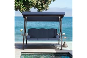 HOMREST 3-Seat Outdoor Porch Swing with Adjustable Canopy and Backrest, Patio Swing Chair with Weather Resistant Steel Frame,Comfortable Cushions for Balcony,Garden,Deck and Poolside(Blue)