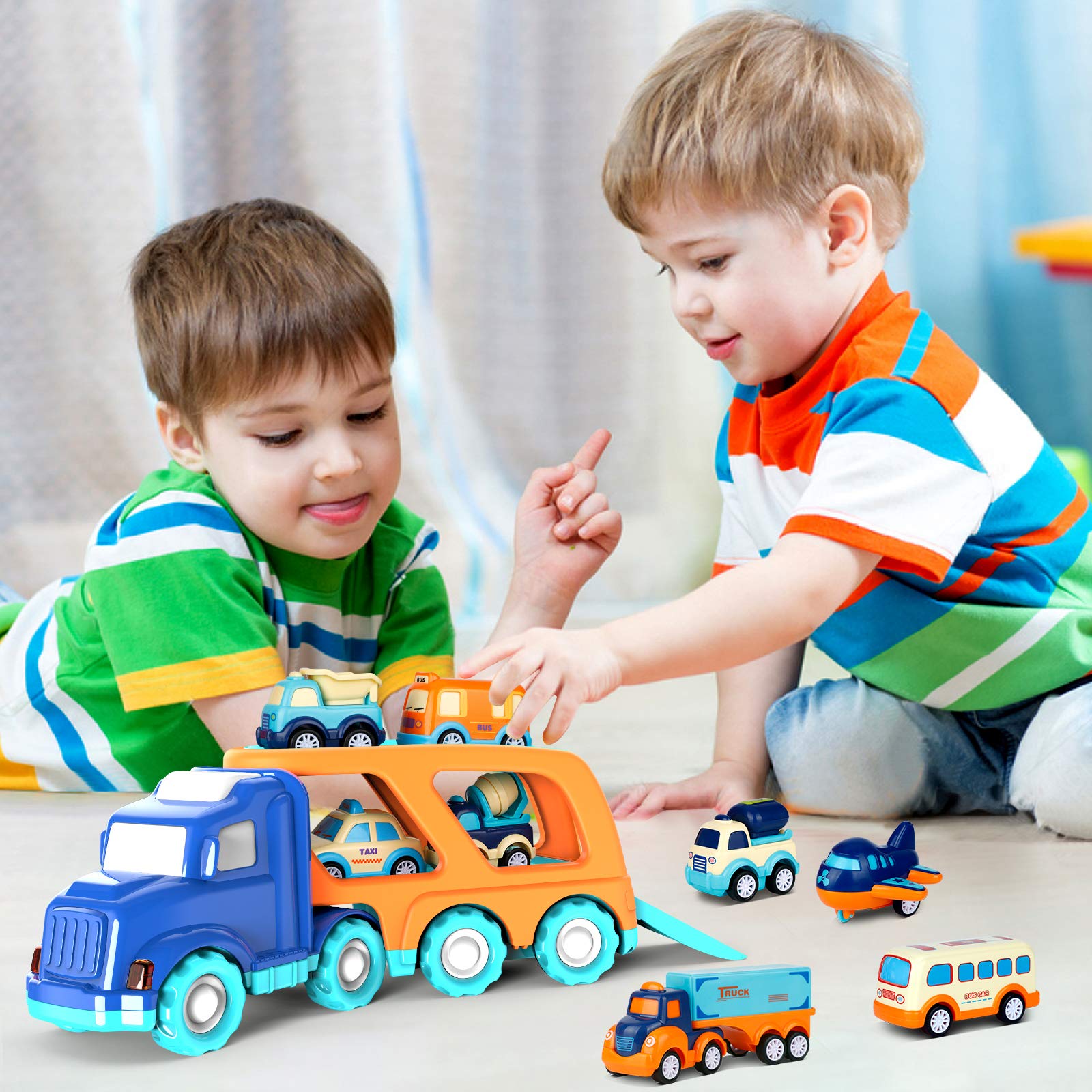 9 Pack Cars Toys for 2 3 4 5 Years Old Toddlers Boys & Girls Gift, Big Transport Truck with 8 Small Cute Pull Back Trucks, Carrier Truck with Sound & Light 13.5 * 5.5 inch, 2.5 *1.6 inch