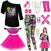 WlLDPARTY 80s Outfit Women Costume Accessories Set, T Shirt Leggings Tutu Skirt Fanny Pack Headband Fishnet Gloves Legwarmers