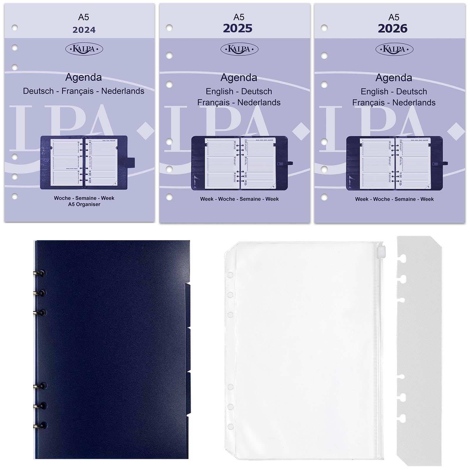 Kalpa 2024 2025 2026 A5 6 Ring Agenda Planer Einlagen Wöchentlich Komplettset Deutsch Französisch und zusätzliche Tabsheets, Zippocket und Adressenset