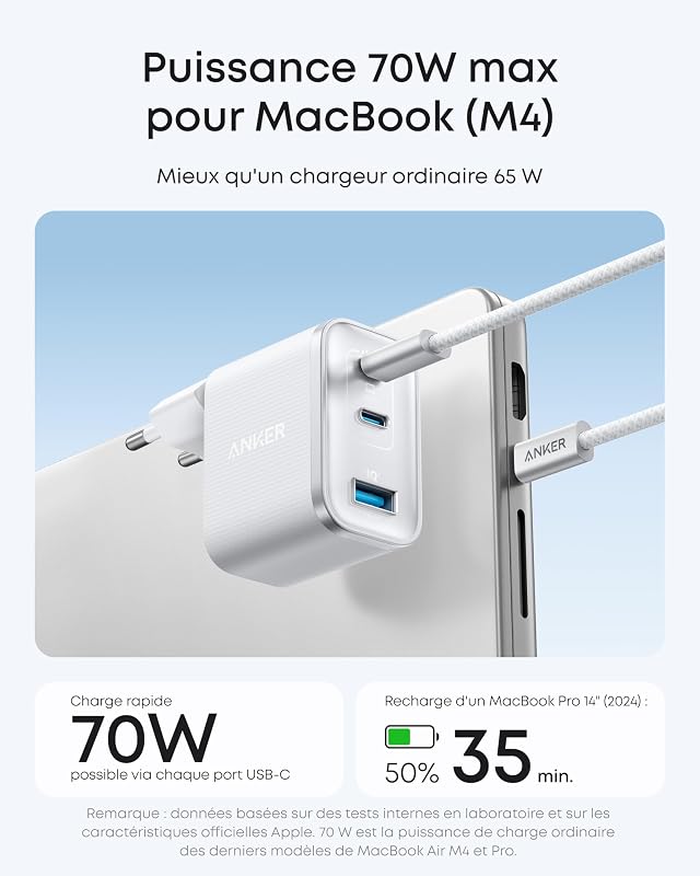 Nano Chargeur USB C 70W 3 Ports (Câble Inclus), Sortie Ultrafast