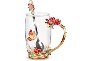 BEFERR Mothers Day Tea Cups Gifts for Mom Birthday Gifts for Women Butterfly Glass Cup with Spoon Set Mothers Day Mom Gifts from Daughter Son Rose Coffee Mug Mothers Day Wife Grandma Gifts for Her Red