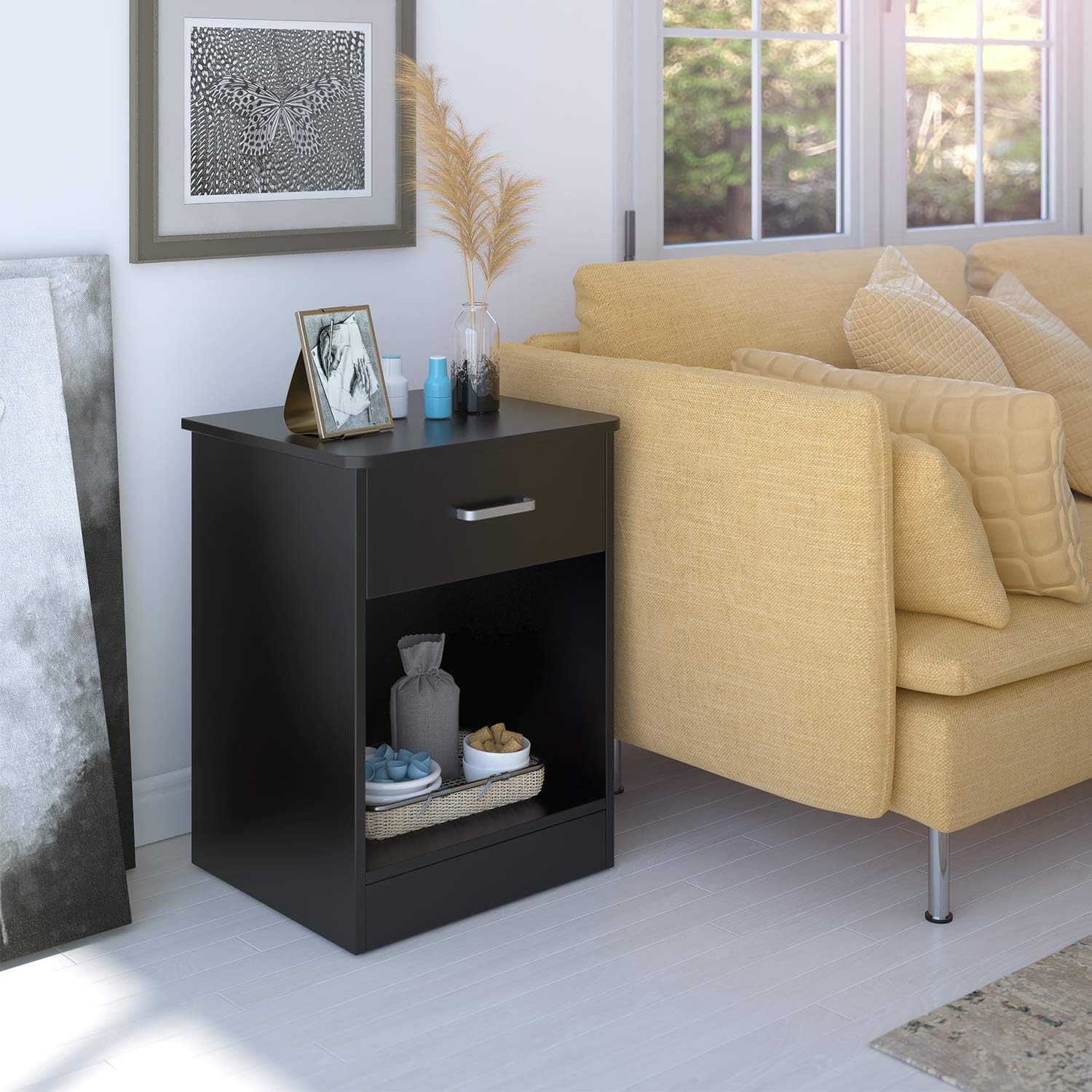 HOMFA Nightstand 2-Tier, Tall 1-Drawer End Table Side Table File Cabinet Storage Table for Home Office Bedside Cabinets with Sliding Drawer and Shelf, Black: Kitchen & Dining