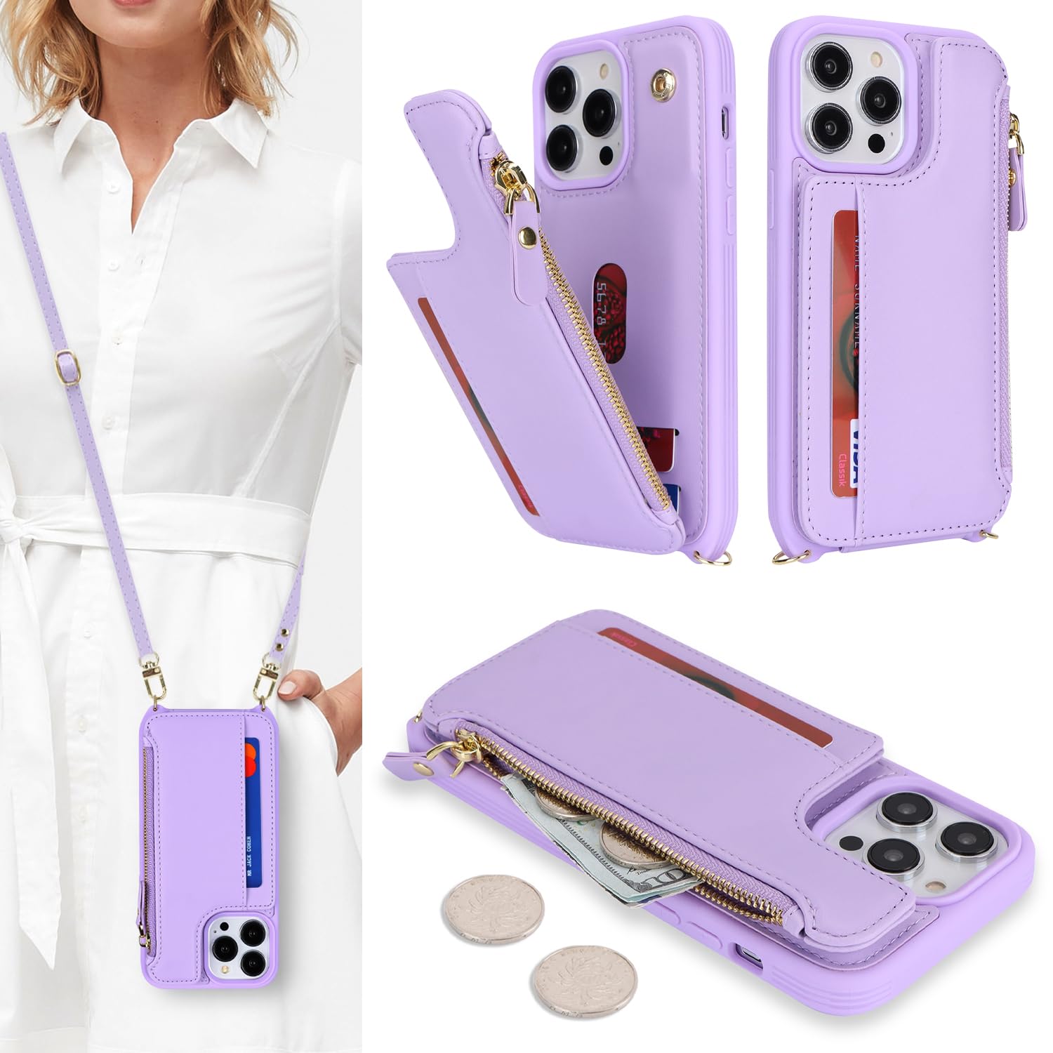 SailorTech for iPhone 14 Pro Max Phone Case with Credit Card Holder for Women, iPhone 14 Pro Max Leather Case Wallet Crossbody with Credit Card Slots Zipper Shockproof Case for Men - Purple