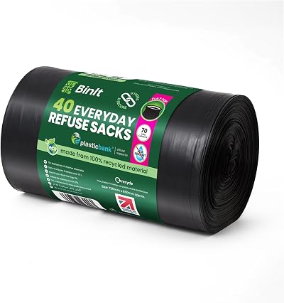 BIN IT 40 Everyday 70L Strong & Secure Bin Bags 30 μm Recycled LDPE