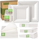 Gezond Compostable Paper Plates Set 300pcs Disposable Sugarcane Plates 10 Inch Eco-friendly White Square Plate with Napkins Biodegradable Heavy-duty Utensils for Party
