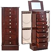 AVAWING 8 Drawers Jewelry Armoire, Standing Jewelry Box with Top Flip Makeup Mirror, Wood Jewelry Cabinet with Side Swing Doo