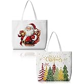 Bencailor 2 Pcs Christmas Canvas Tote Bags Reusable Merry Xmas Tree Aesthetic Grocery Shopping Gift Bags for Women Xmas Gifts (Modern Christmas,Fresh Color)