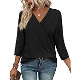 WIHOLL Womens Tops 3/4 Length Sleeve V Neck Casual Tunic Tops Basic Shirts Loose Fit Blouse