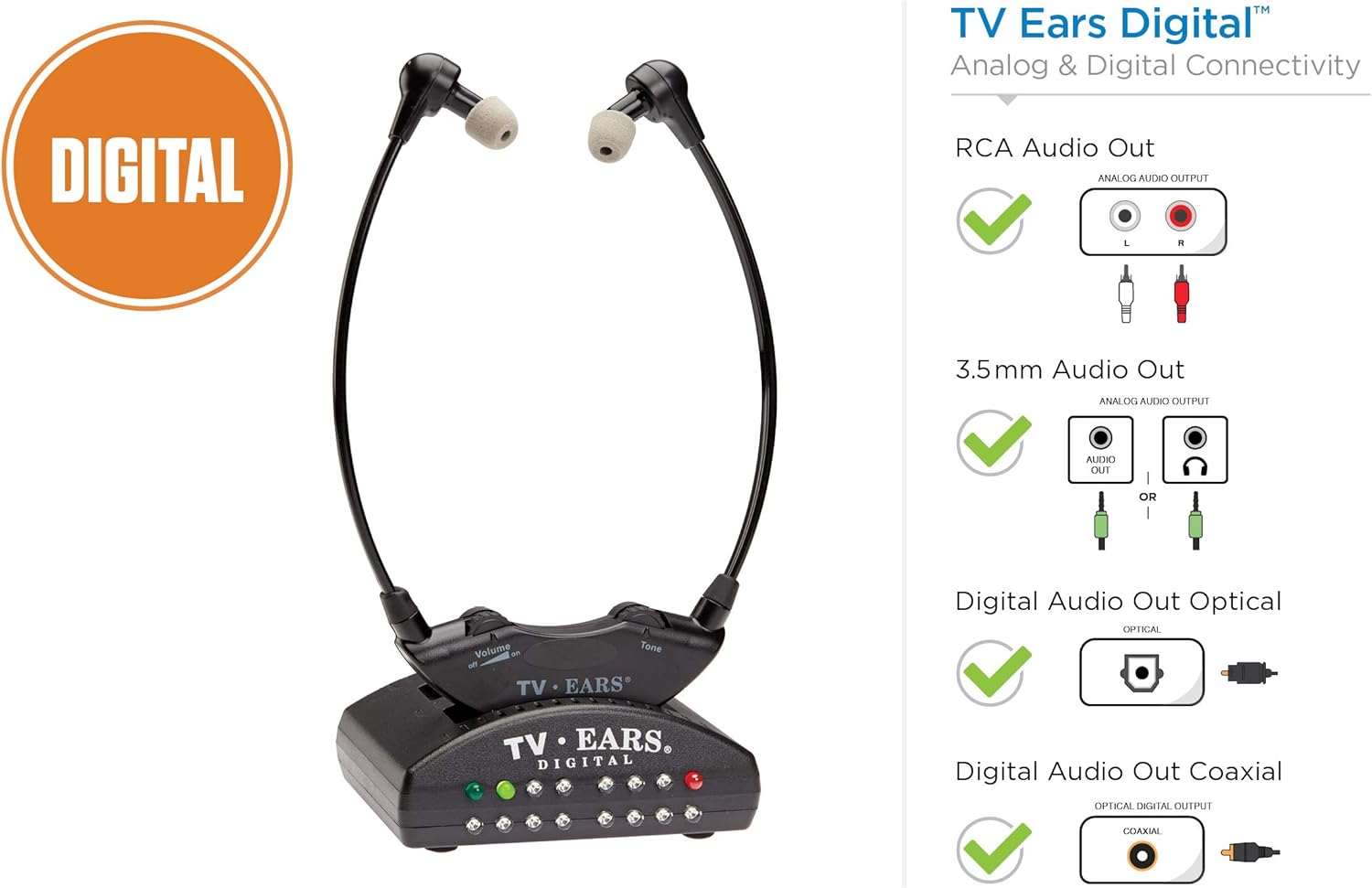TV Ears Digital Wireless Headset System, Connects to Both and Analog