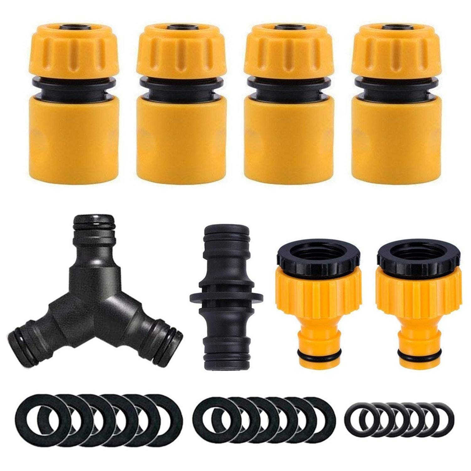Topways® Hose Connectors Fitting Set, Including Hose End Quick Connector, 2 in1 Threaded Tap, Double Male Snap Connector, Y Splitter, Hose Washer & O Rings Spares Kit
