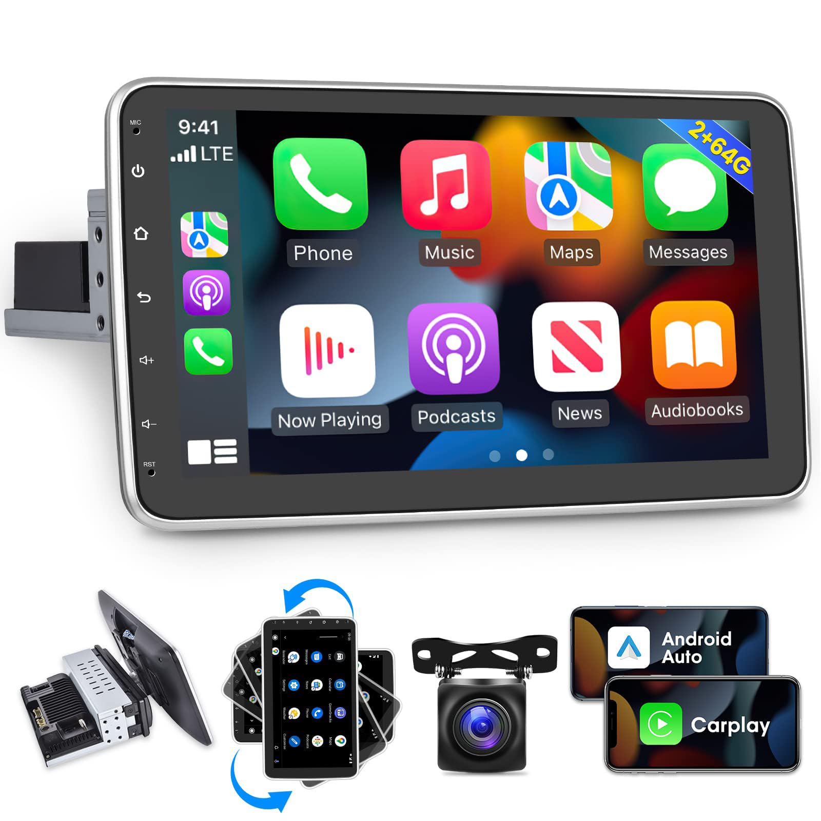 Photo 1 of [2G+64G] 10.1 inch Android 13 Single Din Car Stereo Touch Screen Vertical Radio Rotatable Head Unit, Wired&Wireless CarPlay/Android Auto/Hi-Fi/Bluetooth/1080P/SWC/GPS+AHD Backup Camera+ MIC