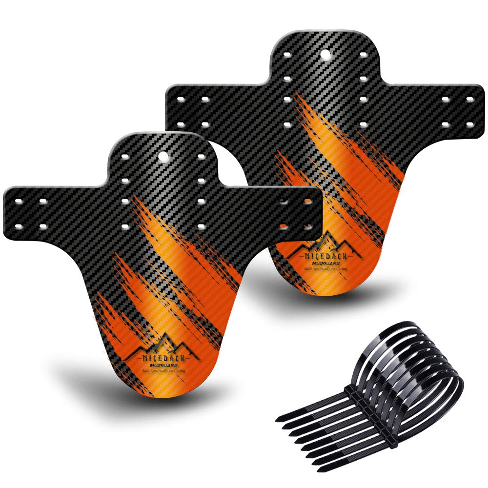 NICEDACK Bike Fender, MTB Mud Guard Front and Rear Compatible, Downhill Mountain Bike Mudguard Fits 650B 20" 26" 27.5" 29 inch and Fat Bicycle (Black Orange, Small Carbon fiber embossing)