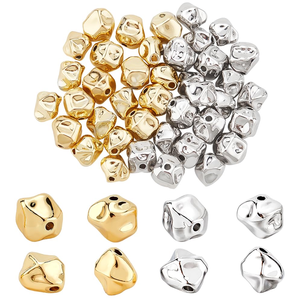 PH PandaHall 40pcs 2 Colors Irregular Spacer Beads, Long-Lasting Plated Twist Bead Golden Silver Loose Bead for Craft Stackable Necklace, Bracelet, Earring Making, 7x7x5.5mm