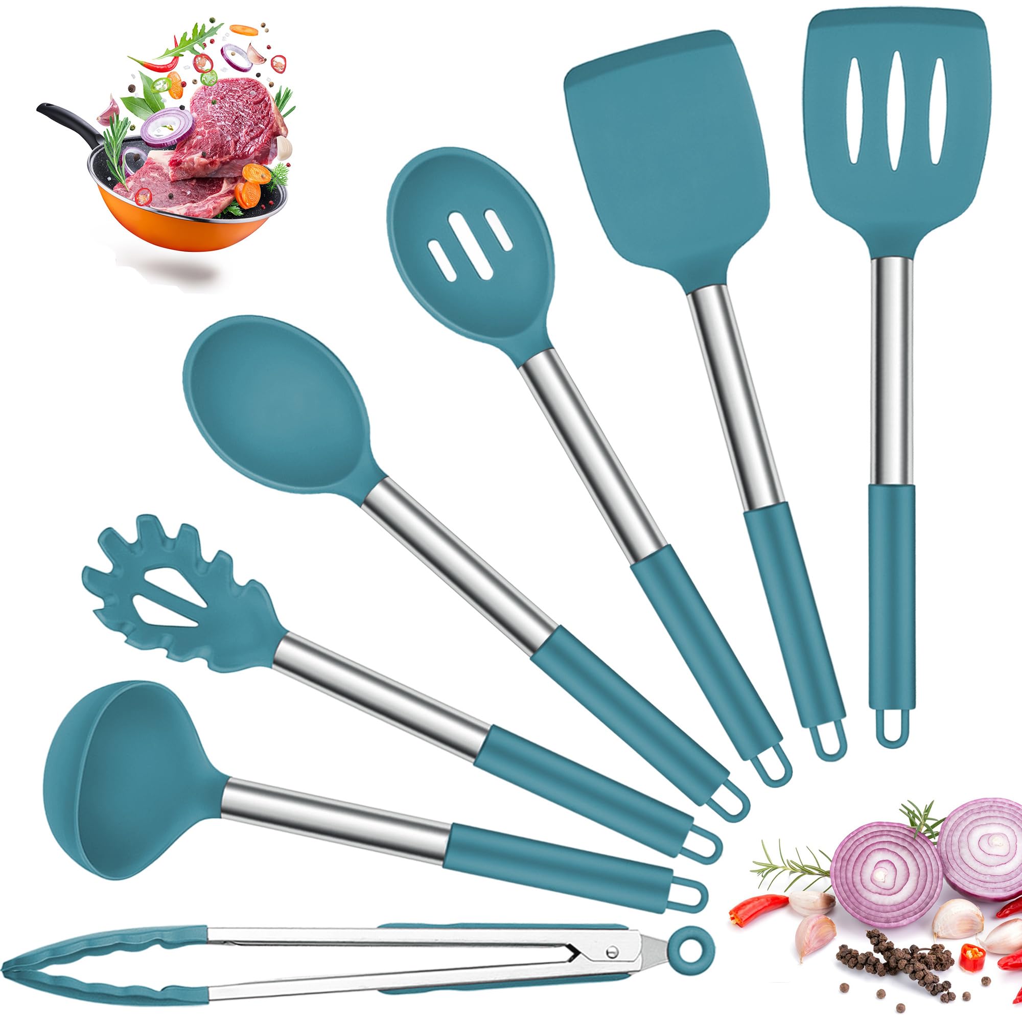 Joyfair Kitchen Utensils Set, 7 Pcs Silicone Cooking Utensils with Stainless Steel Handle, Non Scratch Cooking Tools Spatula Tongs Spoon for Non Stick Cookware, Heat Resistant & Dishwasher Saf, Blue