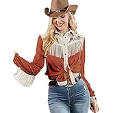 JOHN MOON Womens Fringe Western Long Sleeve Shirts Floral Embroidered Cowgirl Button Down Shacket Blouse Country Rodeo Outfit
